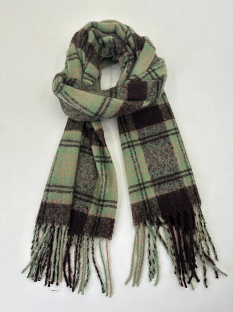 Mintgrønn og mørkebrun rutete tartan-skjerf i ullblend med frynser