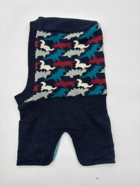 «Strikket ermeløs hundesweater i marineblå med flerfarget abstrakt fugletrykk i turkis