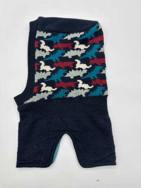 «Strikket ermeløs hundesweater i marineblå med abstrakt fuglemønster i teal