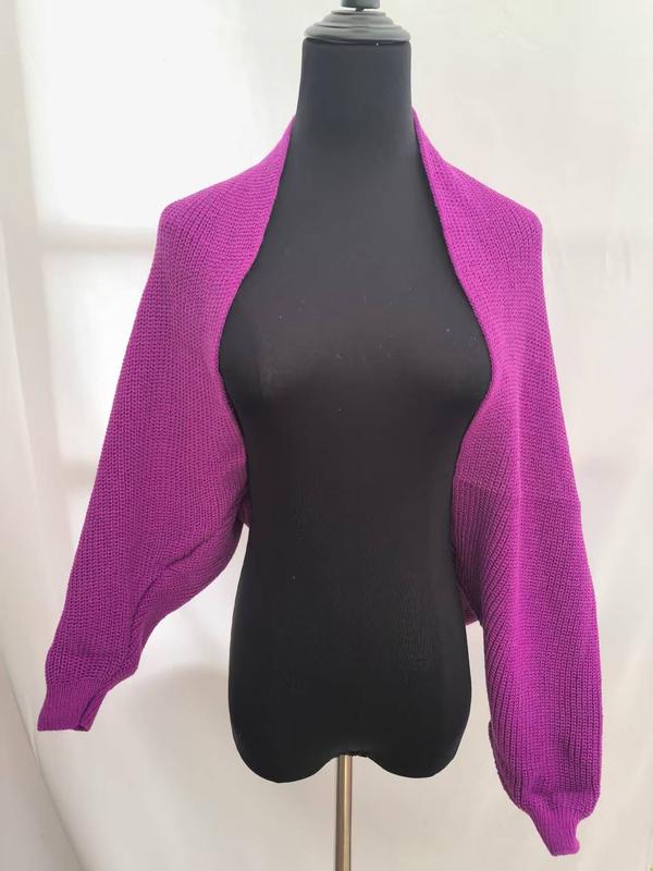 Magenta lilla grovstrikket kort bolero cardigan med ballongErmer og åpen front
