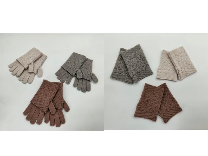 «Strikkede vinterhandsker og fingerløse håndleddsvarmere med diamantmønster i beige