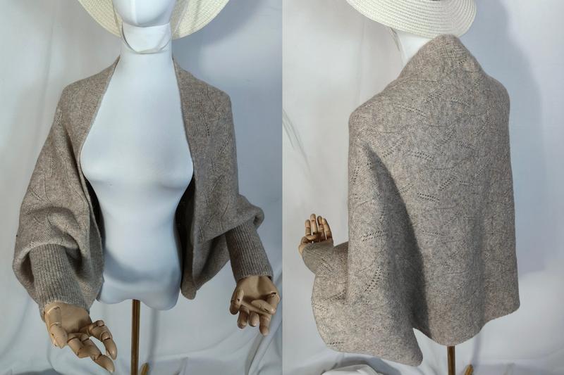 Taupe strikket cardigan shrug i ullblanding med ballongErmer