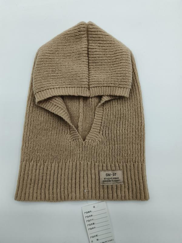 Beige ribbet strikket balaclava hette med bretting og V-hals krage.