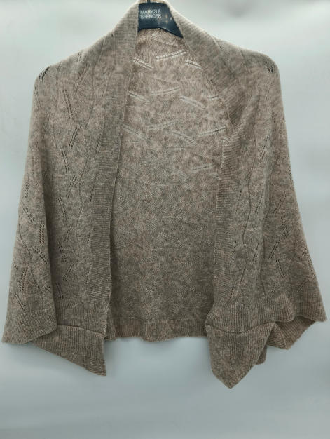 Taupe strikkjakke med blondestrikk og åpen front