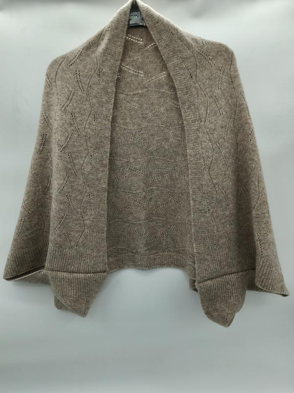 Taupe strikket åpen cardigan i pointelle-mønster med åpen front og løs passform.