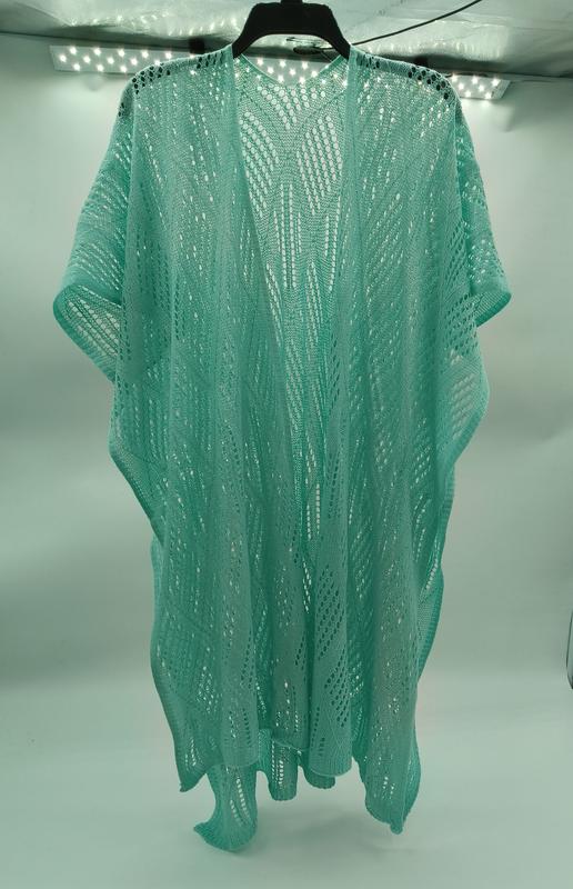 Mintgrønn kimono-cardigan i åpen strikk med bølgemønster
