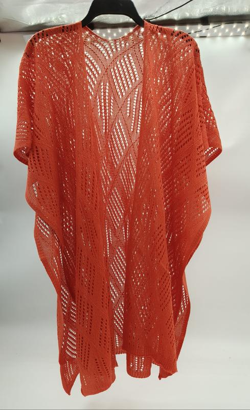 Rustfarget kimono-cardigan med åpen heklet geometrisk blondmønster og korte ermer