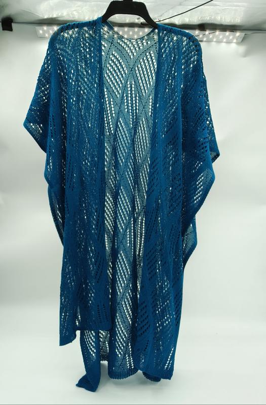 «Teal blå kimono-duster cardigan med åpen blondestrikk og bølgemønster