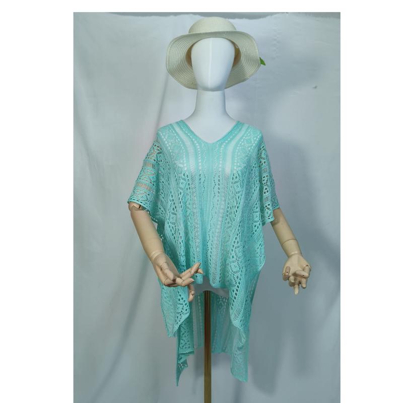 Aqua mint heklet blondekaftan med V-hals og vide ermer