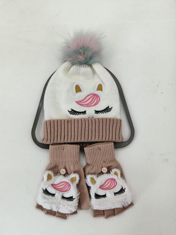 Hvit strikket enhjørningslue med pastell pompom og matchende beige konvertible halvfingerlose votter til jenter.