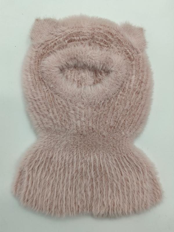 «Rosa fluffy strikket balaclava med katteører og ribbet halsvarmere til barn