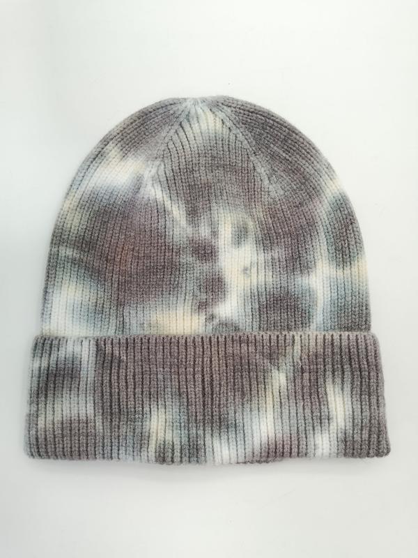 Strikket lue med tie-dye-mønster i grå