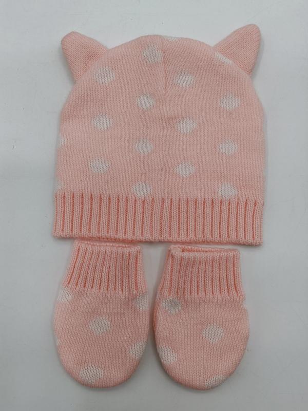 Rosa strikket babylue med katteører og hjertemønster